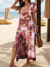 preiswerte Kunst &amp; Design Kleider-Damen Maxikleid Sommerkleid A Linie Kleid Urlaub Lässig Normale Passform Ombre Grafik Abstrakt Kurzarm V Ausschnitt Rosa Sommer Frühling