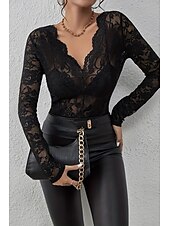 preiswerte Spitzenoberteile-Damen Spitzenhemd Bluse Glatt Stilvoll Langarm V Ausschnitt Normale Oberteile Täglich Ausgehen Spitze Schwarz Weiß Wein Sommer