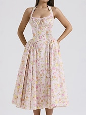 cheap Dresses-Retro Vintage Medieval Renaissance Midi Dress Flare Dress Ren Faire Halter Regency Inspired Floral Women&#039;s Masquerade Wedding Vacation Casual Daily Adults&#039; Dress Summer