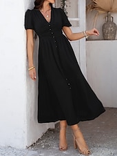 preiswerte Einfaches Kleid-Damen Maxi Kleid A-Linie Kleid Einfarbig Fit And Flare Kleid Puffärmelkleid Lässig Urlaub Täglich Reguläre Passform Grafik Kurzarm V-Ausschnitt Schwarz Gelb Pink Himmel Blau Sommer