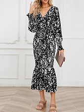 preiswerte abendkleider-Damen Midikleid Cocktailkleid Etui-Kleid Mode Urlaub Ferien Teegesellschaft Normale Passform Leopard Langarm V Ausschnitt Schwarz Khaki Aprikose Sommer