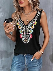 billige Grafisk butikk Tank topper &amp; Camis-Dame Camisole Tank Top Blomstret Grafisk Paisly Stilfull Fritid Ermeløs V-hals Vanlige topper Daglig Trykt mønster Svart Sommer