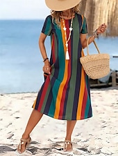 preiswerte Streifen- und geometrisches Kleid-Damen Mini Kleid T-Shirt Kleid Tee Kleid Sommerkleid Freizeit Täglich Regulärer Fit Grafisch Gestreift Kurzarm Rundhalsausschnitt Orange Sommer Frühling