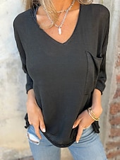 preiswerte Hemden-Damen Bluse Einfarbig Stilvoll Lässig Langarm V-Ausschnitt Reguläre Tops Tägliche Leinenähnliche Knöpfe Tasche Schwarz Weiß Rosa Grün Khaki Sommer Frühling