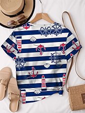 tanie Koszulka w paski i geometryczna-T-shirt dla kobiet w paski Ocean codzienny krótki rękaw okrągły dekolt regularne topy codzienne na wyjście weekend nadruk granatowa latem