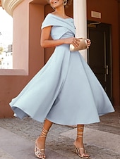 abordables Robes de cocktail-Robes de cocktail en A mariage à la plage robe élégante longueur thé sans manches épaule dénudée invité d&#039;automne tissu extensible avec fente froncée robes Derby 2025