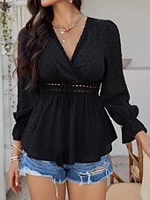 billige Kvinne Enkle Topper-Kvinners Bluse Boho Skjorte Enfarget Stilfull Avslappet Langermet V-Hals Vanlige Topper Daglig Lappverk Utskjæring Sort Hvit Blå Aprikos Sommer Vår