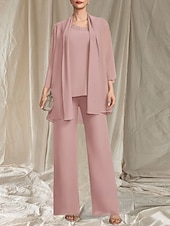 preiswerte Bodenlänge-Jumpsuit  Hosenanzug 3-teilig Kleid der Mutter der Braut Hochzeitsgast Elegantes gewelltes Dekolleté bodenlang Chiffon 3/4-lange Ärmel mit Perlen