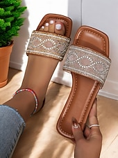 billige Kjole Sandaler-brune rhinestone-utsmykkede slip-on-sandaler – elegante, flate sommersandaler for kvinner