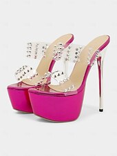 abordables Fête de la Vie Nocturne-Talons hauts à plateforme rose vif pour femmes - mules à talons aiguilles à brides transparentes cloutées pour la vie nocturne et les clubs