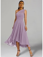 abordables Robes pour invitées de mariage-Robes de Mariage Invité A-Line Robe Élégante Formelle Fête de Mariage Longueur Thé Sans Manches Une Épaule Invité de Mariage Automne Chiffon avec Fronces 2025