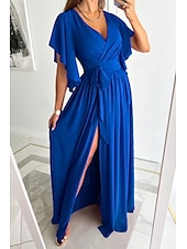 preiswerte Weiße Freizeitkleider-Damen kleid lang Formelle Kleidung Modisch Trompetenärmel Party Verabredung Regular Fit Glatt Kurzarm V Ausschnitt Schwarz Rote Blau Khaki Sommer
