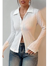 preiswerte Blusen-Damen Hemd Bluse Einfach Modern Lässig Langarm Hemdkragen Normale Oberteile Täglich Ferien Knöpfe Weiß Sommer