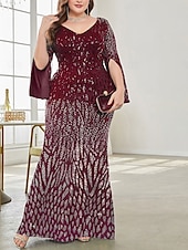 baratos AZUL-Vestido Plus Size Mãe da Noiva Vestido de Curvas Elegante Festa Decote em V Comprimento do Chão Spandex Manga Longa com Lantejoula 2025