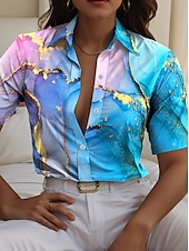 economico Top d&#039;Arte e Design per Donne-Camicia da donna a maniche lunghe con colletto a bottoni grafica marmo quotidiana stilosa camicia a maniche corte colletto regolare top quotidiani blu estate primavera