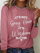 billige Humor og sitater t-skjorte-Dame T skjorte Grafisk Bokstaver Fritid Langermet Crew-hals Vanlige topper Daglig Trykt mønster Svart Hvit Rosa Grå Vår Høst
