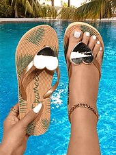 baratos Sandálias de Férias-chinelos femininos em formato de coração – sandálias de praia casuais douradas metálicas com estampa tropical para uso no verão, na piscina e nas férias