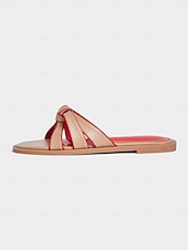 abordables Sandalias de Vestir-Sandalias planas para mujer en beige y rojo con tiras anudadas: zapatos casuales para el día a día y para citas de verano.
