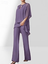 abordables Longueur du plancher-Ensemble Deux Pièces Combinaison Robe de Mère de la Mariée Invité de Mariage Élégante Col Montant Longueur de Sol Crêpe Manches 3/4 Avec Ruchés Perles 2025