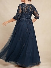cheap Floor Length-A-Line Mother of the Bride Dress Wedding Guest Elegant V Neck Floor Length Lace Tulle 3/4 Length Sleeve with Beading Appliques 2025