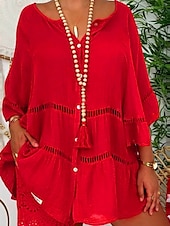 preiswerte Kleider-Damen Mini Kleid Shift Kleid Rüschendress Puffärmel Kleid Leinen Casual Täglich Urlaub Regelmäßige Passform Grafik 3/4 Ärmel V-Ausschnitt Weiß Gelb Rot Braun Sommer