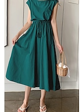 economico disegnare abiti in cotone e lino-Per donna Abito Midi Abiti in cotone e lino Moda Classico Moderno All&#039;aperto Quotidiano Ferie Vestibilità regolare Semplice Senza Maniche Girocollo Nero Verde chiaro Verde militare Blu marino Estate