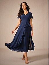preiswerte abendkleider-Damen Maxidress A Linie Kleid Elegant Ausgefallene Hochzeit kleid hochzeitsgast Lockere Passform Feste Farbe Kurzarm Asymmetrisch V Ausschnitt Marineblau Sommer Frühling