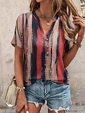 ieftine Tricou cu dungi și geometric-Pentru femei Tricou Grafic Dungi Casual Manșon scurt În V Topuri obișnuite Zilnic Imprimeu Roșu-aprins Mov Trifoi Vară