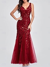 abordables Longueur du plancher-Sirène / Trompette Robes pour invités de mariage Élégant Robe robe demoiselle d honneur Longueur au sol Sans manches Col en V Dentelle avec Appliques 2025