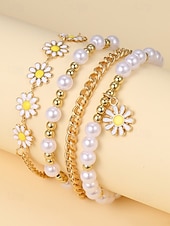 cheap Women&#039;s Bracelet-&quot;Boho Daisy Pearl Bracelet Set for Women – Gold Chain &amp; Beaded Layered Bracelets, Cute Floral Jewelry for Summer, Beach, Festivals and Casual Wear&quot;