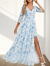 billige Brudepikekjoler-A-Line Brudens mor Kjole Bryllupsgjest Elegant V-hals Gulvlengde Chiffon 3/4 Lengde Erme med Folder Rynket Splitt Foran Bryllupsgjest Kjole 2025
