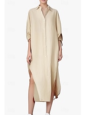 economico Camicie-Per donna Abito Midi Abito Camicia Abito in cotone e lino Moda Essenziale Classico Vacanza Ferie Uscire Vestibilità regolare Semplice Manica Lunga Colletto a Camicia Nero Bianco Verde chiaro Rosa