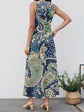 halpa Boho-mekot-Naisten Maxi-mekko Aurinkomekko Kesämekko Loma Löysä sopivuus Kuvioitu Paisley Olkaimeton Halkaistu kaula-auko Sininen Kesä