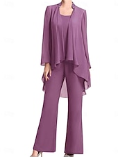 economico Sotto 129,99 $-Pantaloni Abito Madre della Sposa Ospite Matrimonio Elegante Semplice Collo Gioiello Lunghezza del Pavimento Chiffon Manica Lunga con Colore Solido