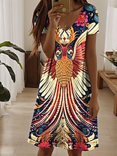 preiswerte Boho Kleider-Damen Mini Kleid A Linie Kleid T-Shirt Kleid Tee Kleid Lässig Urlaub Täglich Reguläre Passform Floral Grafik Paisley Kurzarm V-Ausschnitt Marineblau Sommer Frühling