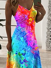 preiswerte Kunst &amp; Design Kleider-Damen Maxi Kleid A-Linie Kleid Sommer Kleid Slip Kleid Urlaub Casual Alltag Regelmäßige Passform Ombre Grafik Schmetterling Ärmellos V-Ausschnitt Regenbogen Sommer Frühling