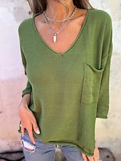 preiswerte Einfarbige Farben-Damen Pullover Täglich Stilvoll Lässig Einfarbig Gerippt V Ausschnitt Tasche Gestrickt Langarm Normale Oberteile Stricken Outdoor Täglich Schwarz Weiß Sommer Frühling