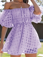 billiga Enkel klänning-Kvinnors Mini Klänning A Linje Klänning Mjölkdam Klänning Off The Shoulder Klänning Puff Ärmar Klänning Semester Utomhus Daglig Regular Fit Enfärgad Kort Ärmar Off Shoulder Svart Ljusgrön