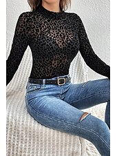 billige Sexy topper for kvinner-Dame Skjorte Bluse Leopard Stilfull Moderne Langermet Høyhalset Vanlige topper Daglig Ferie Netting Svart Sommer