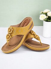 tanie Wygodne sandały-damskie sandały na koturnie z wkładką masującą – kwiatowe, boho japonki na co dzień, na lato, na plażę i na zewnątrz