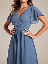 baratos Vestidos para Madrinhas-Linha A Vestido de Madrinha Decote V Manga Curta Elegante Assimétrico Chiffon com Franzido 2022