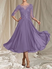 abordables Longueur du thé-Robe de mère de la mariée en A-Line pour invitée de mariage col rond élégant longueur thé chiffon tulle manches demi-longues avec perles appliqués robe midi