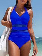voordelige Eendelige badpakken-Dames Badpakken Een-delig Monokini Badpak Net Slim Hoge Taille Vakantie Strandmode Effen Kleur Halter Hals Mouwloze Badpakken