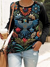 billige Boho t-skjorte-Dame T skjorte Blomstret Grafisk Fritid Langermet Crew-hals Vanlige topper Daglig Trykt mønster Svart Sommer Vår