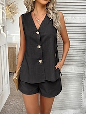 cheap Sets-Women&#039;s Active Basic Linen-Inspired Sets Two Piece Sets Vest Sleeveless V Neck Solid Color Casual Daily Black White Pink Summer Regular Fit