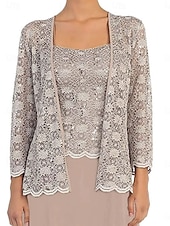 abordables Moins de 129,99 $-Ensembles de Robes Robe de Mère de Mariée  Élégant Simple Une Épaule Longueur thé Polyester manche longue avec Dentelle Couleur Unie 2025