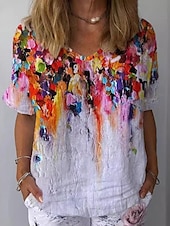cheap Art&amp;Design Tops-Women&#039;s Shirt Floral Daily Stylish Casual Short Sleeve Crew Neck Regular Tops Daily Holiday Beach Wear Print White Yellow Red Purple Summer Spring