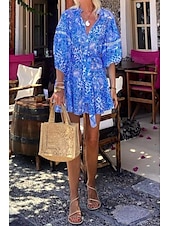 abordables Robes Bohémiennes-Femme Mini robe Robe imprimée Mode du quotidien Vacances Rendez-vous Standard Fleur Manches 3/4 Col V Bleu Eté