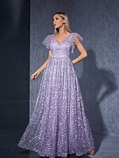 preiswerte Unter 129,99 $-Kleid Mutter der Braut Kleid elegantes lässiges V-Ausschnitt bodenlang Polyester Kurzarm mit Blume