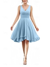 cheap Bridesmaid Dresses-A-Line Bridesmaid Dress V Neck Sleeveless Elegant Knee Length Chiffon with Ruffles / Ruching 2025